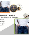 Person using No Sew 17 Mm Metal Jeans Button Replacement Kit 12 Pack With Flat Back Clip On Design on denim jeans.