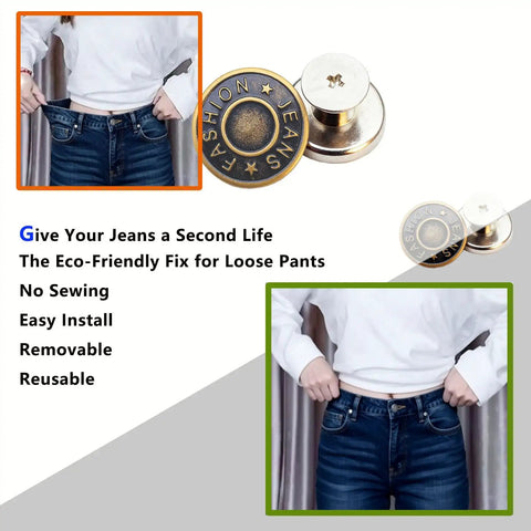 Person using No Sew 17 Mm Metal Jeans Button Replacement Kit 12 Pack With Flat Back Clip On Design on denim jeans.