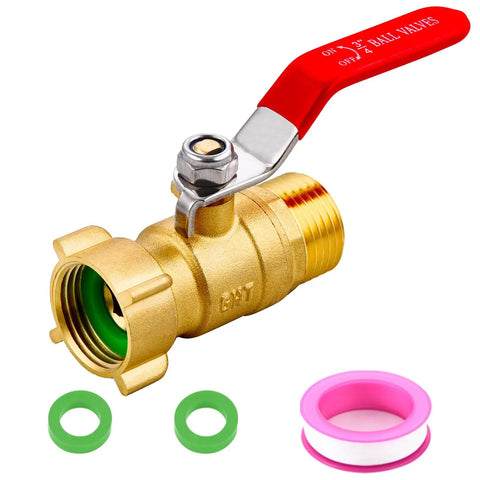Side view of Brass Garden Hose Shut Off Valve Full Flow With Three Quarter Inch GHT Full Port Ball Valve and accessories