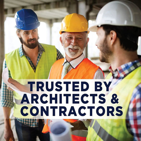 Three builders in safety gear discussing plans with text 'Trusted by Architects & Contractors' overlaying image.