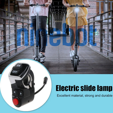 Electric Scooter Handlebar Light Switch Controller With On Off Button and Turn Signals, close-up of controller with scooters