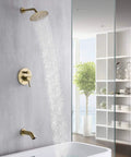 Modern bathroom with Brushed Gold Shower and Tub Faucet Set With Rain Shower Head and Tub Spout, high flow design, wall-mounted.