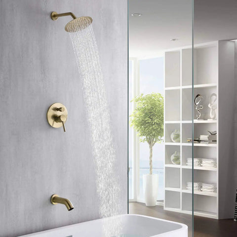 Modern bathroom with Brushed Gold Shower and Tub Faucet Set With Rain Shower Head and Tub Spout, high flow design, wall-mounted.