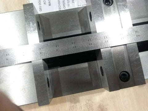 Close-up of Six Inch Double Lock Cnc Machine Vise with Hardened Steel Bed and reversible jaws, showcasing measuring scale and precision.