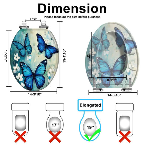 Elongated Toilet Seat Replacement for Bathroom with butterfly design, dimensions of 19-11/10" x 14-3/10", made of durable resin.