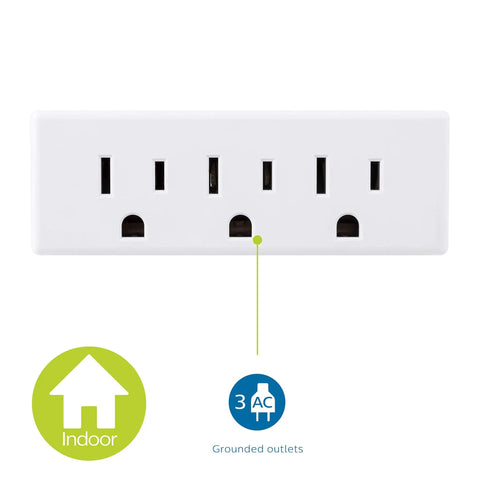 Premium Grounded Outlet Extenders Four Pack Triple Socket Wall Power Splitter, white adapter with three grounded outlets.