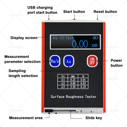 Portable Roughness Tester Handheld Digital Profilometer with display and control buttons for Ra Rq Rz Rt measurement.