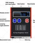 Front view of Portable Roughness Tester with LED Display, featuring buttons and screen for Ra Rq Rz Rt measurements.