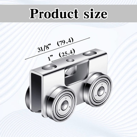 Diagram showing dimensions of Four Pack Heavy Duty Wheel Trolley Assembly Rollers for stable silent operation with 1-5/8 inch channel compatibility