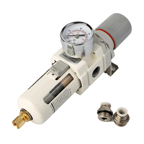 Beefy Three Eighth NPT Compressed Air Filter Regulator Combo With 5 Micron Brass Filter Semi Auto Drain Polycarbonate Bowl 0-150 PSI Gauge