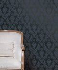 Textured Black Damsel Damask Peel And Stick Wallpaper Removable Self Adhesive No Glue Needed With Metallic Gray Details For Glam