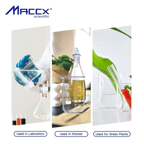 Heavy-Duty 300 Milliliter Glass Beaker Set With 3.3 Borosilicate Griffin Low Form And Printed Graduation Pack Of 6 Durable Lab Beakers shown in laboratory, kitchen, and plant use.