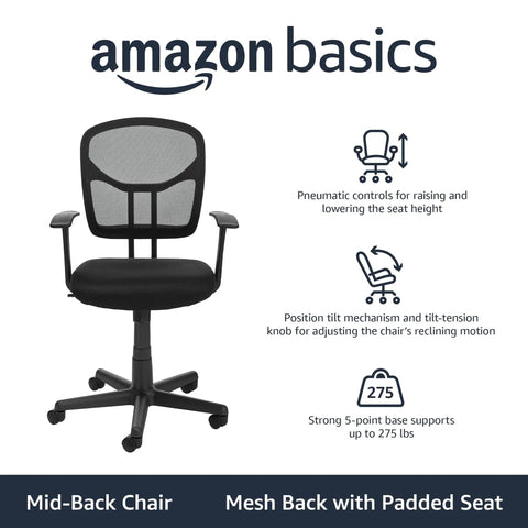 Breathable Mesh Mid Back Office Chair With Armrests For Home Office Super Comfortable Ergonomic Lumbar Support 360 Degree Swivel
