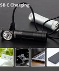 Long Throw Headlamp With 323 Meter Beam For Long Range Vision And 1755 Lumen Rechargeable LED USB-C charging setup