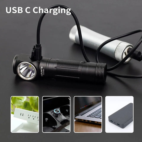 Long Throw Headlamp With 323 Meter Beam For Long Range Vision And 1755 Lumen Rechargeable LED USB-C charging setup