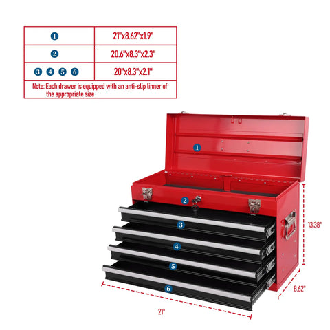 Badass 4 Drawer Tool Chest 21 Inch Steel Portable Toolbox with open top and visible smooth glide drawers for tools.
