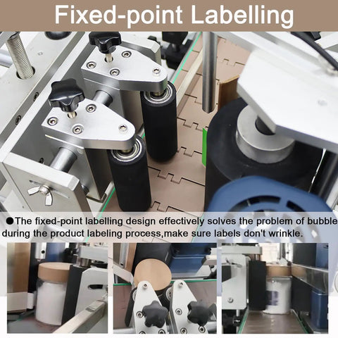 Close-up of Heavy Duty Desktop Automatic Round Bottle Labeling Machine With Chain Plate Conveyor, showcasing fixed-point labeling mechanism.