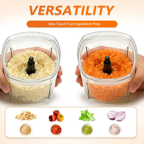 Brigii One Touch Electric Garlic Mincer And Onion Chopper 17oz Mini Food Processor with chopped garlic and carrots.