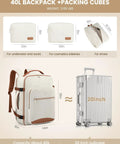 40L Travel Backpack For Men And Women, Waterproof, Airline Approved Carry On with packing cubes, beige-brown color beside suitcase