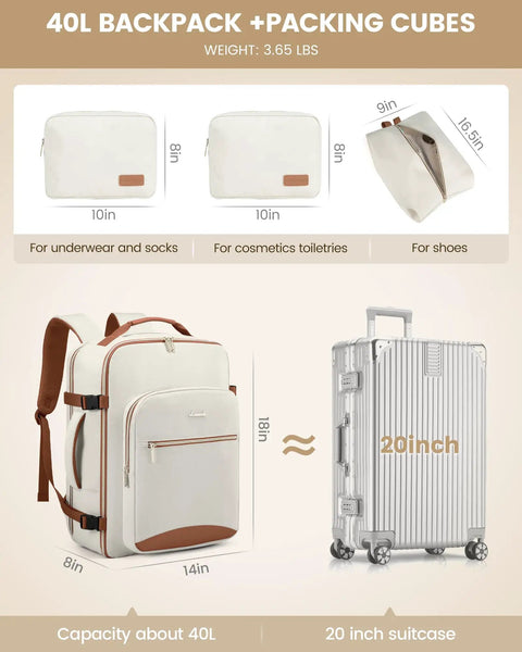 40L Travel Backpack For Men And Women, Waterproof, Airline Approved Carry On with packing cubes, beige-brown color beside suitcase