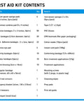 First aid kit contents list with item names and quantities for a 200-piece wall-mount and portable kit.