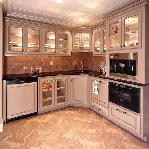 Modern kitchen with 5 Inch Antique Brass Cabinet Pull Handles, showcasing grooved texture non slip grip for farmhouse and industrial cabinetry.