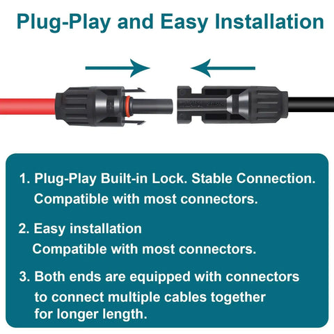 Plug-play installation of 10 AWG Solar MC4 Extension Cable 10ft with dual end connectors, red and black, for RV boat roof outdoor use.