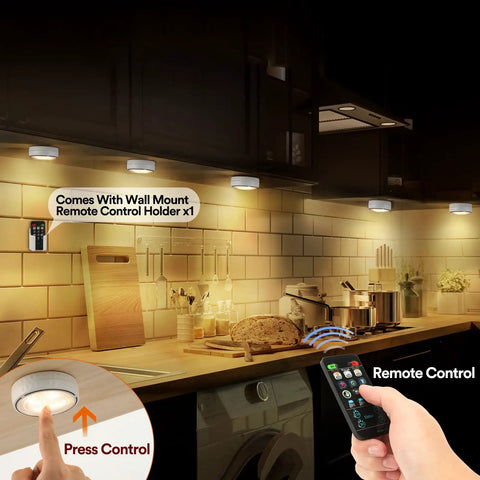 Six Pack Battery Operated Puck Lights With Remote Control illuminating kitchen under-cabinet area with stick on tap lights.