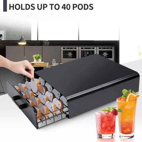 Under Counter Pod Holder For 40 Cocktail Capsules, Slim Drawer Organizer under beverage machine in home bar setting