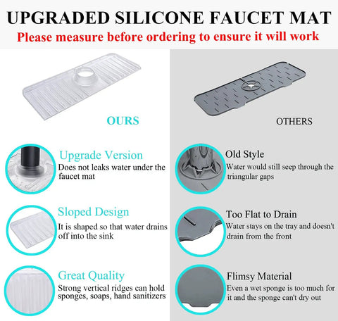 Comparison of clear silicone sink splash guard mat vs older style with text highlighting sloped design and upgrade features.