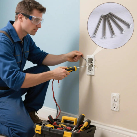 Man repairing an electrical outlet using Forty Pack Super Long Outlet Screws Two Inch Flat Head White Painted Stainless Steel.
