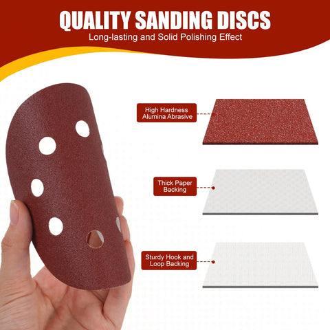 5-inch red hook-and-loop sanding disc with dust holes for a random orbital sander