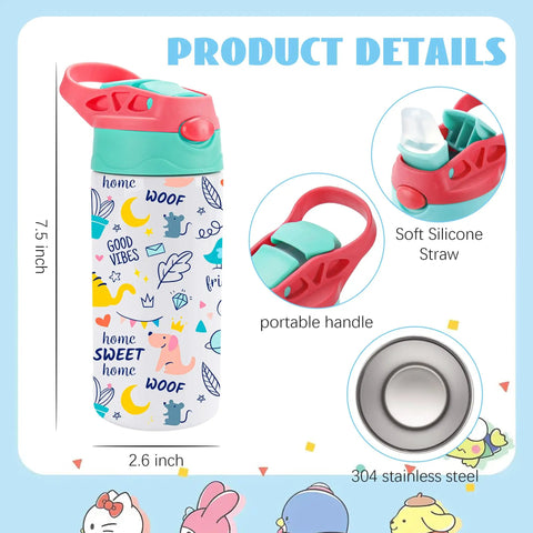 5 Pack Kids Sublimation Tumbler With Lid And Straw 12 Oz Stainless Steel Insulated Cups For DIY, image shows colorful tumbler details.
