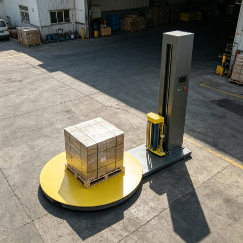 Heavy Duty Automatic Pallet Wrapping Machine With Wide Stretch Film Roll Wrapper operating with a pallet of boxes on a yellow turntable.