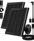 Two 8W solar panel chargers, USB-C and barrel plug adapters, IP65 waterproof, 10ft cable, for Stick Up Cam and Spotlight Cam battery.