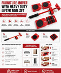 Heavy Duty Furniture Mover Kit With Lifter Tool And 360 Degree Roller Sliders set includes dolly, lifter, and glide discs for easy moving.