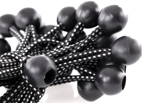Close-up of Heavy Duty Ball Bungee Cord Set 6 Inch With Nylon Ball Indoor Outdoor Tarp Tie Downs Secure And Organize Gear Black 25 Pack Stretch To About 8.5 Inches For Extra Reach Grab And Go Ready