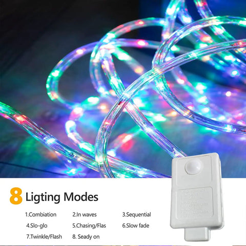 50ft 360 LED Rope Lights Outdoor Multicolor Waterproof Connectable Flexible Tube Lights With 8 Modes For Deck Garden Patio Pool Indoor Outdoor Decor And Party Lighting glowing in colorful patterns with 8 lighting modes displayed.