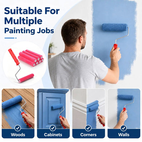Six Inch Mohair Paint Roller Covers With Sturdy Frame Kit Including Ten Extra Covers For Wall Painting Projects Featuring One Quarter Inch Nap in use painting a wall.