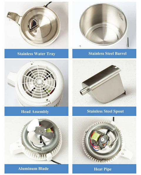 Built Tough Water Distiller Machine Packs 750 Watt Heating Coil With A Generous Four Liter Catch Bucket components, including stainless water tray and heat pipe.