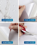 24 By 200 Inch White Marble Peel And Stick Countertop Paper demonstrating waterproof, peel and stick, removable, and easy to cut features