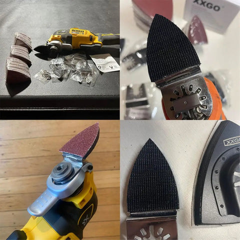 Oscillating Multi Tool Sanding Kit With 105 Pieces Including Triangle And Finger Sanding Pads And 100 Pieces Sandpaper For Wood Projects Pro Grade Grits From 60 To 240 For Smooth Finishes And Easy Detail Work shown with tools and accessories.