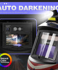 True Color Auto Darkening Welding Helmet With Solar Powered Wide Shade Four To Thirteen For TIG MIG MMA, featuring large 3.64 by 1.67 inch view, sensors, and clear lens design.