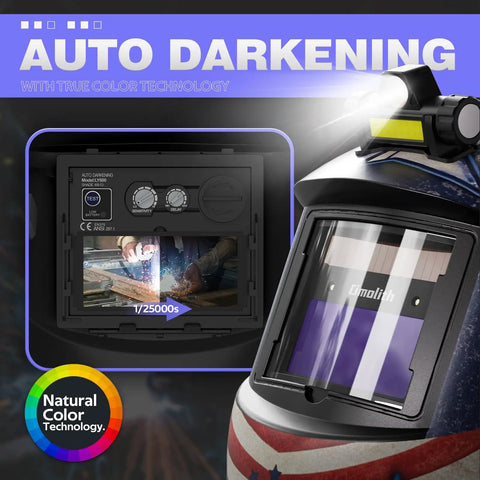 True Color Auto Darkening Welding Helmet With Solar Powered Wide Shade Four To Thirteen For TIG MIG MMA, featuring large 3.64 by 1.67 inch view, sensors, and clear lens design.