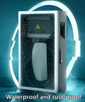 Beefed Up Locking EV Charger Weatherproof Enclosure Heavy Gauge Steel floor mount with water droplets, secured lock.