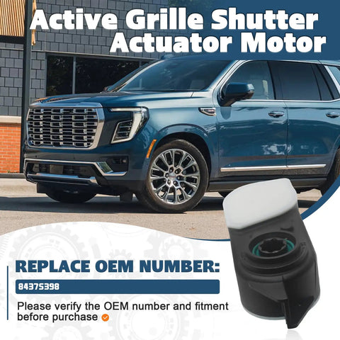 Direct Fit Replacement Grille Shutter Actuator Motor 84375398 showcases a black actuator motor with a white cap, compatible with Chevy GMC Cadillac.