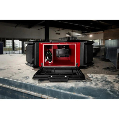 M18 Packout Radio Charger On The Jobsite Durable Portable Power Hub For Packout System with open compartment view 2950-20