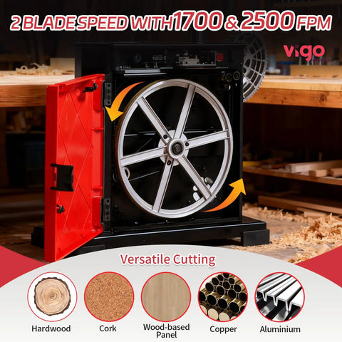 Powerful 9 Inch Portable Bandsaw for Woodworking With Dual Speed 1700/2500 FPM open view showing speed settings