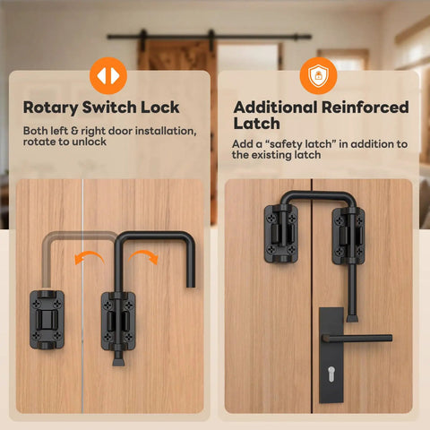 Diagram showing 2.36 Inch Stainless Steel Sliding Door Loop Lock U Bolt With 90 And 180 Degree Installation For Patio Window Barn Garden Fence Shed Closet And Double Gate Black 1 Pack Built Tough As Nails, with rotary switch lock and reinforced latch details.