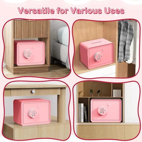 Kids Mini Safe Cash Box Pink Macaron With Coin And Bill Slot Keypad And Key Lock USB Backup Cute DIY Stickers in various room setups